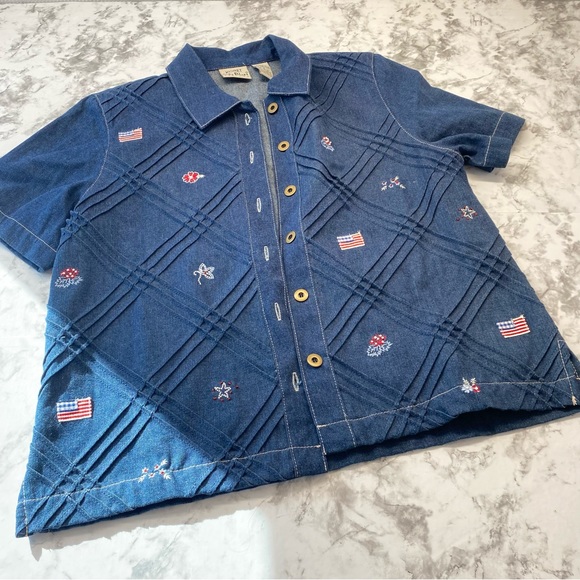Vintage Koret City Blues Denim USA Button Front Short Sleeve Top Size Small - Picture 14 of 14